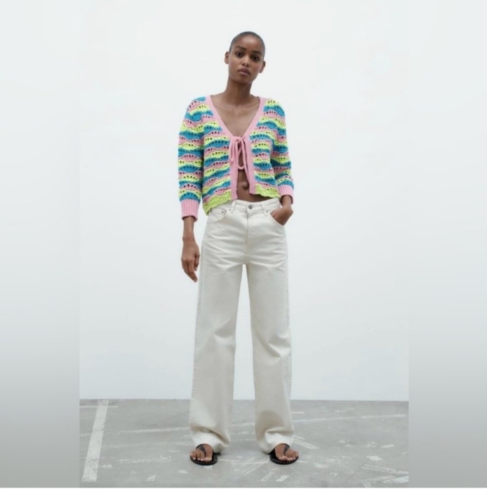 Zara Crochet Front Tie Y2K Scallop Cardigan Top Sweater
